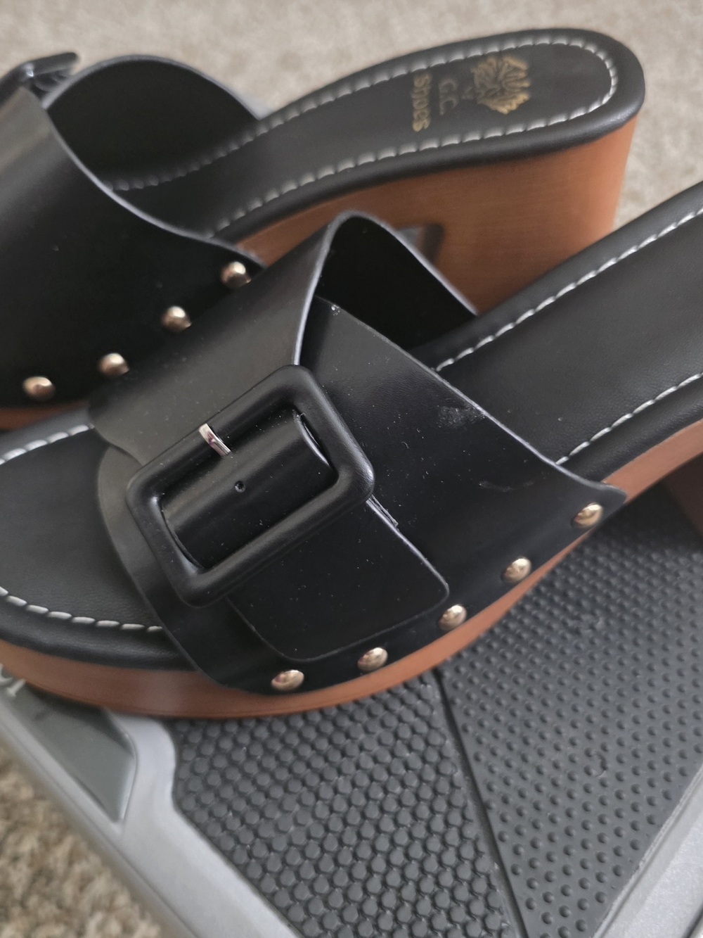 Black Buckle Platform Slide Sandals with Wood-Look Sole